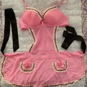 NWOT Victoria’s Secret Pink Lace Trim Babydoll Apron Lingerie and Matching Panty
